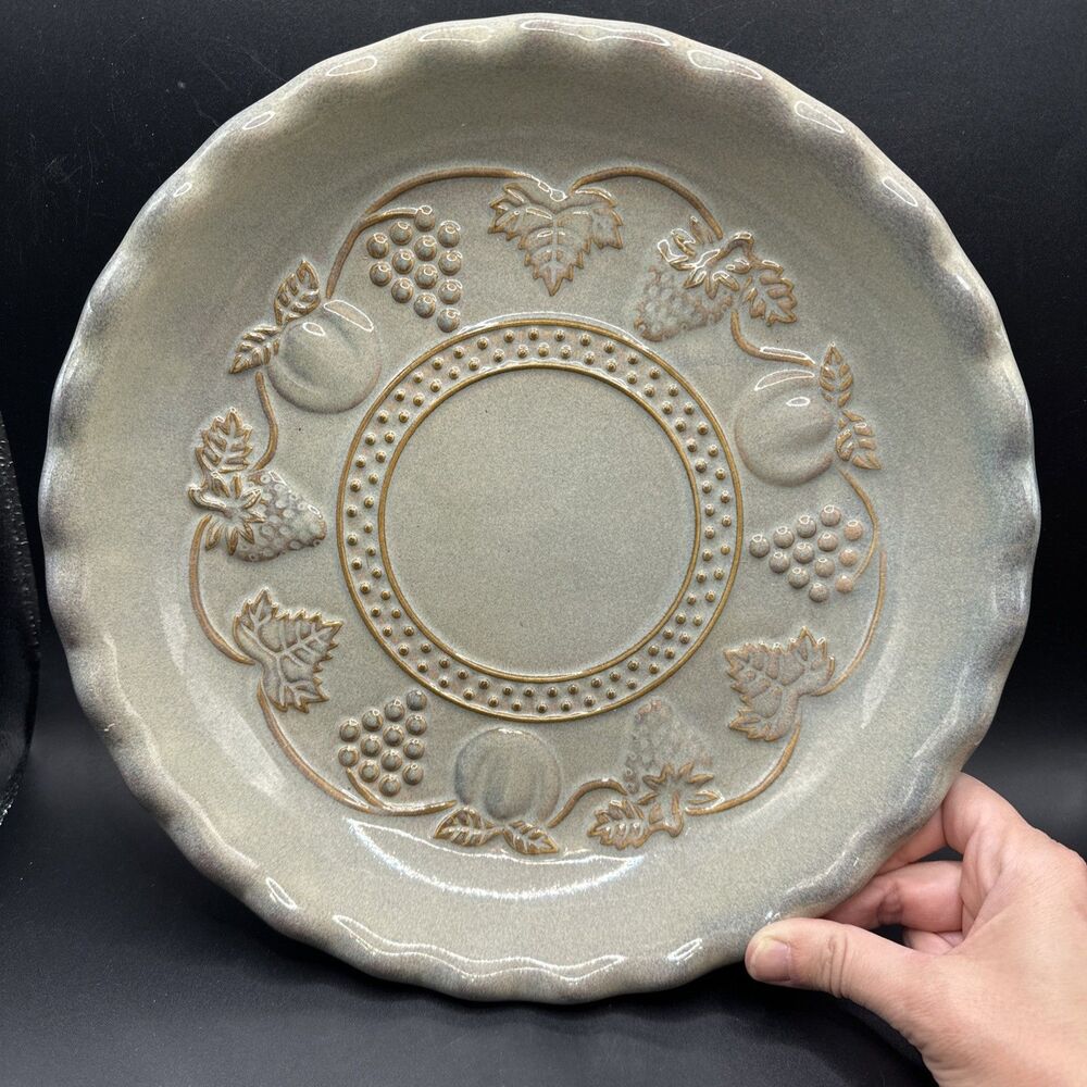 Deep Dish Stoneware 11" x 1.75" Pie Plate Fruit Motif Taupe brown fluted edge